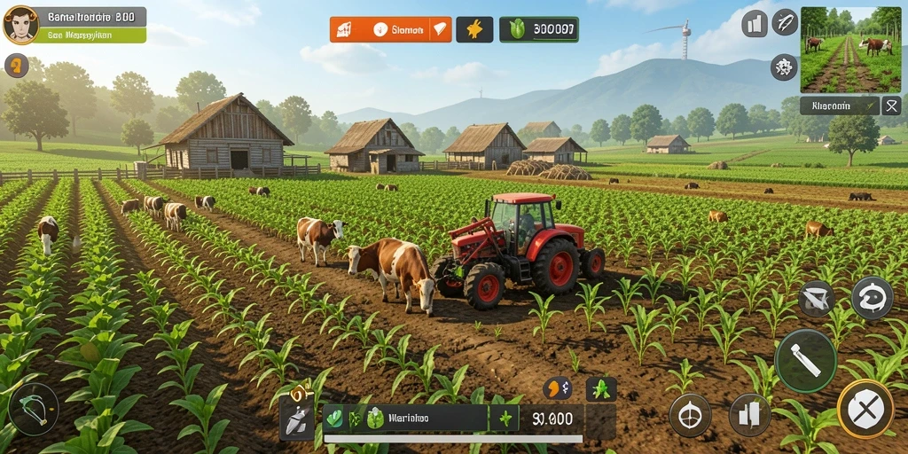 Screenshot gameplay menunjukkan pertanian hijau yang subur dan hewan ternak.