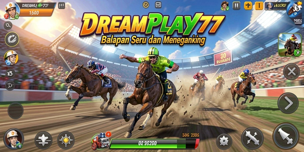 Screenshot utama DREAMPLAY77 menampilkan aksi balapan yang mendebarkan.