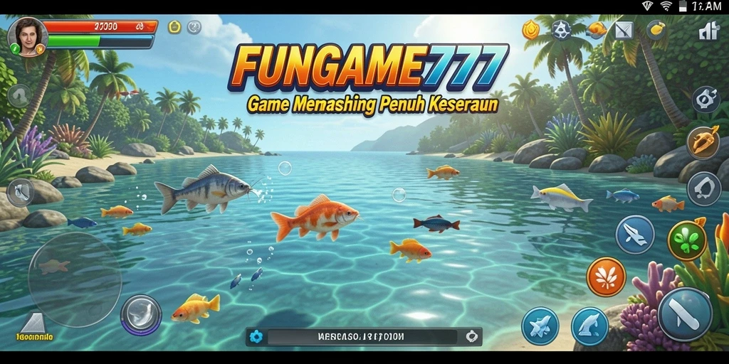 Screenshot gameplay FUNGAME777 dengan aksi memancing seru di alam yang indah.