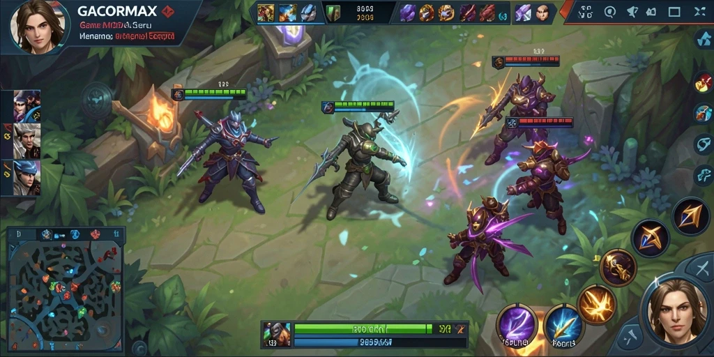Gameplay seru GACORMAX dengan pertarungan strategis di arena.